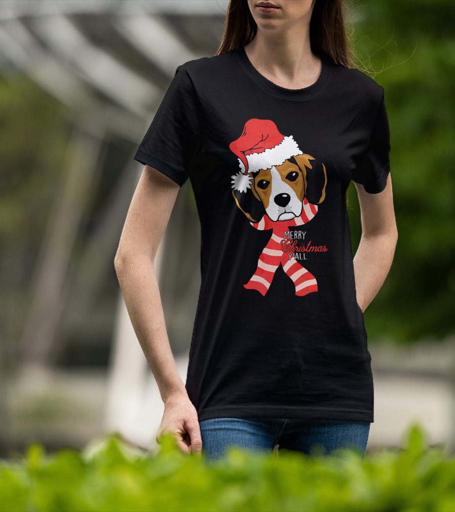 Merry Christmas Y'all Beagle Dog In Santa Hat And Striped Pajamas T-Shirt
