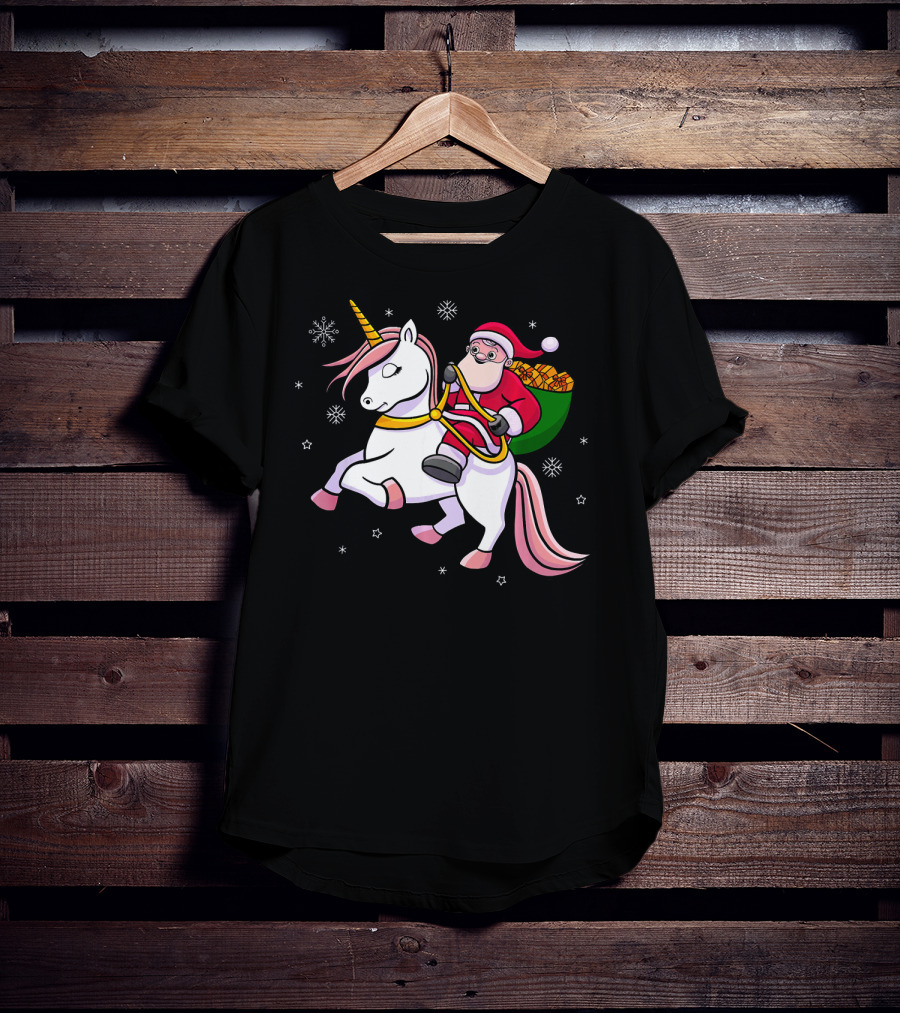 Santa Riding Unicorn With Presents For Cute Girls T-Shirt
