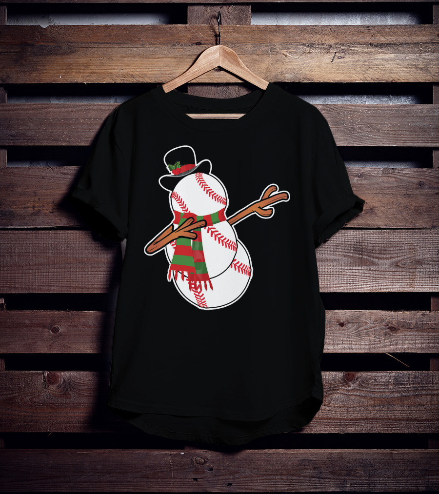 Dabbing Baseball Snowman In Top Hat With Festive Scarf T-Shirt