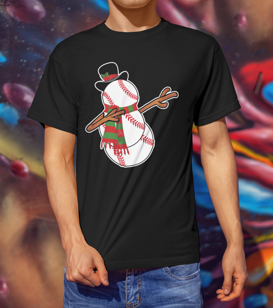 Dabbing Baseball Snowman In Top Hat With Festive Scarf T-Shirt