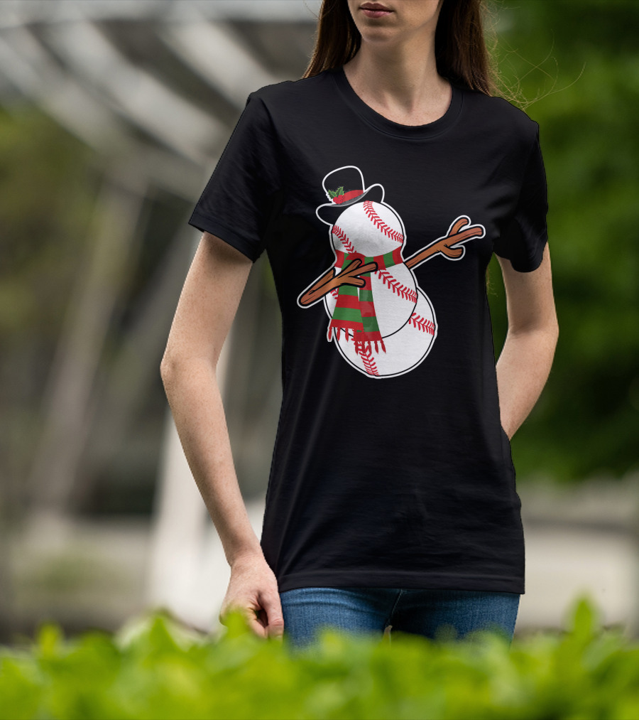 Dabbing Baseball Snowman In Top Hat With Festive Scarf T-Shirt