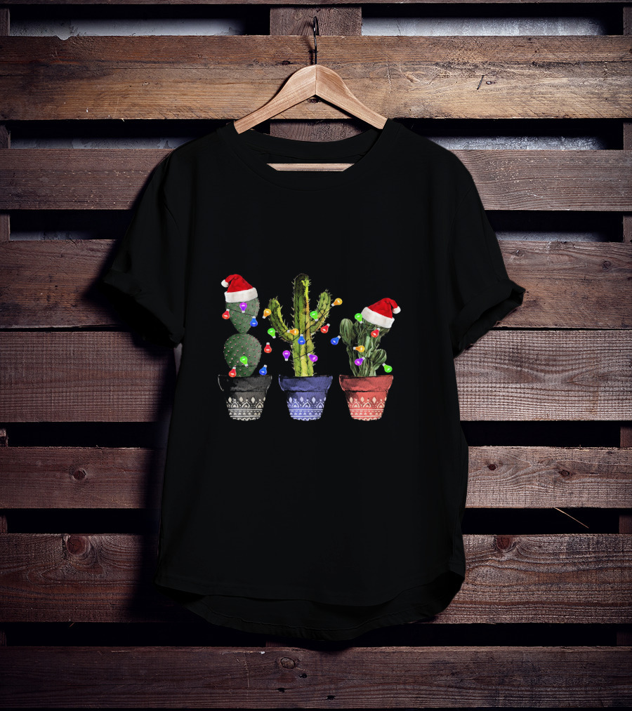Cactus Christmas Lights Santa Hats Festive Holiday Decor T-Shirt
