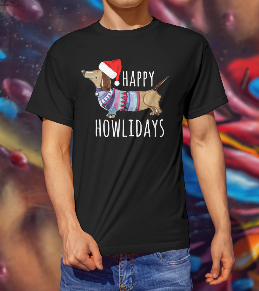 Happy Howlidays Christmas Dog Dachshund Wearing Santa Hat T-Shirt