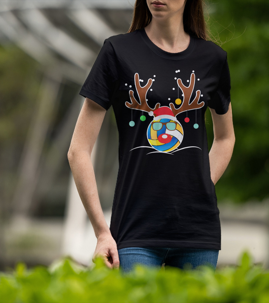Volleyball Christmas Funny Reindeer Santa Hat Antlers Sunglasses Holiday Ornaments T-Shirt