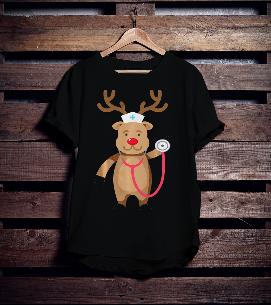 Nurse Reindeer With Stethoscope And Hat T-Shirt