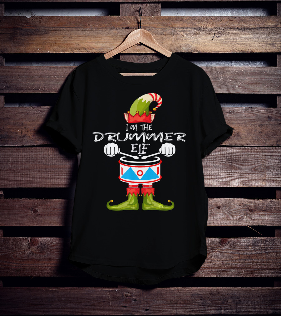 I'M THE DRUMMER ELF Christmas Hat Striped Candy Cane Elf Boots Drumsticks T-Shirt