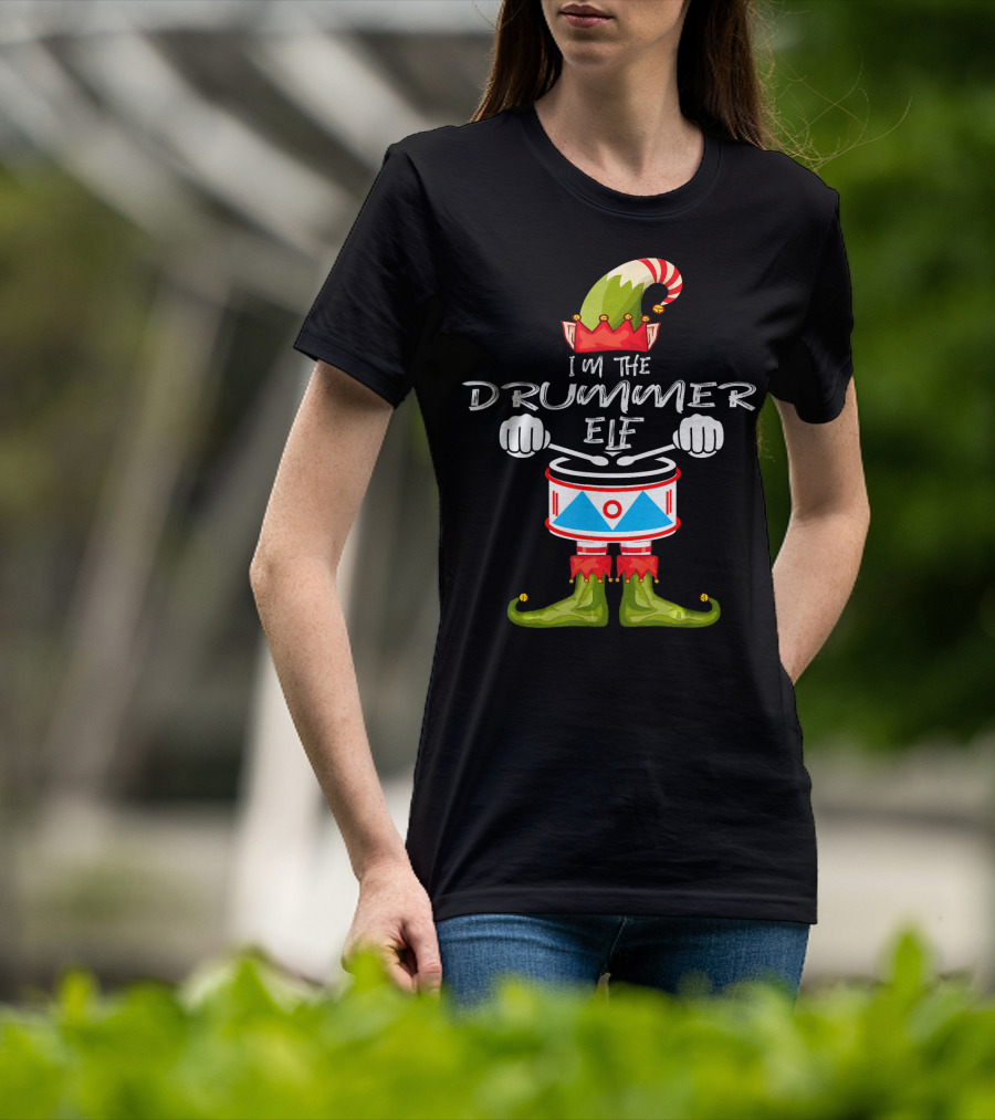 I'M THE DRUMMER ELF Christmas Hat Striped Candy Cane Elf Boots Drumsticks T-Shirt