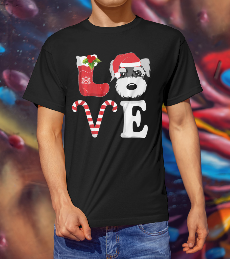 LOVE Miniature Schnauzer Santa Christmas Candy Cane T-Shirt