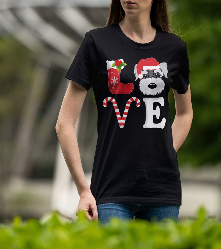 LOVE Miniature Schnauzer Santa Christmas Candy Cane T-Shirt