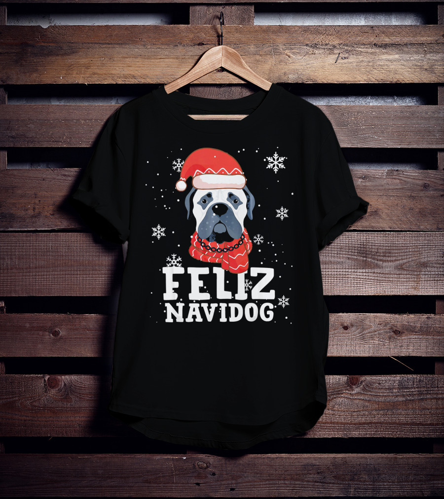 Feliz Navidog Bullmastiff Dog Christmas Santa Hat Snowflakes T-Shirt