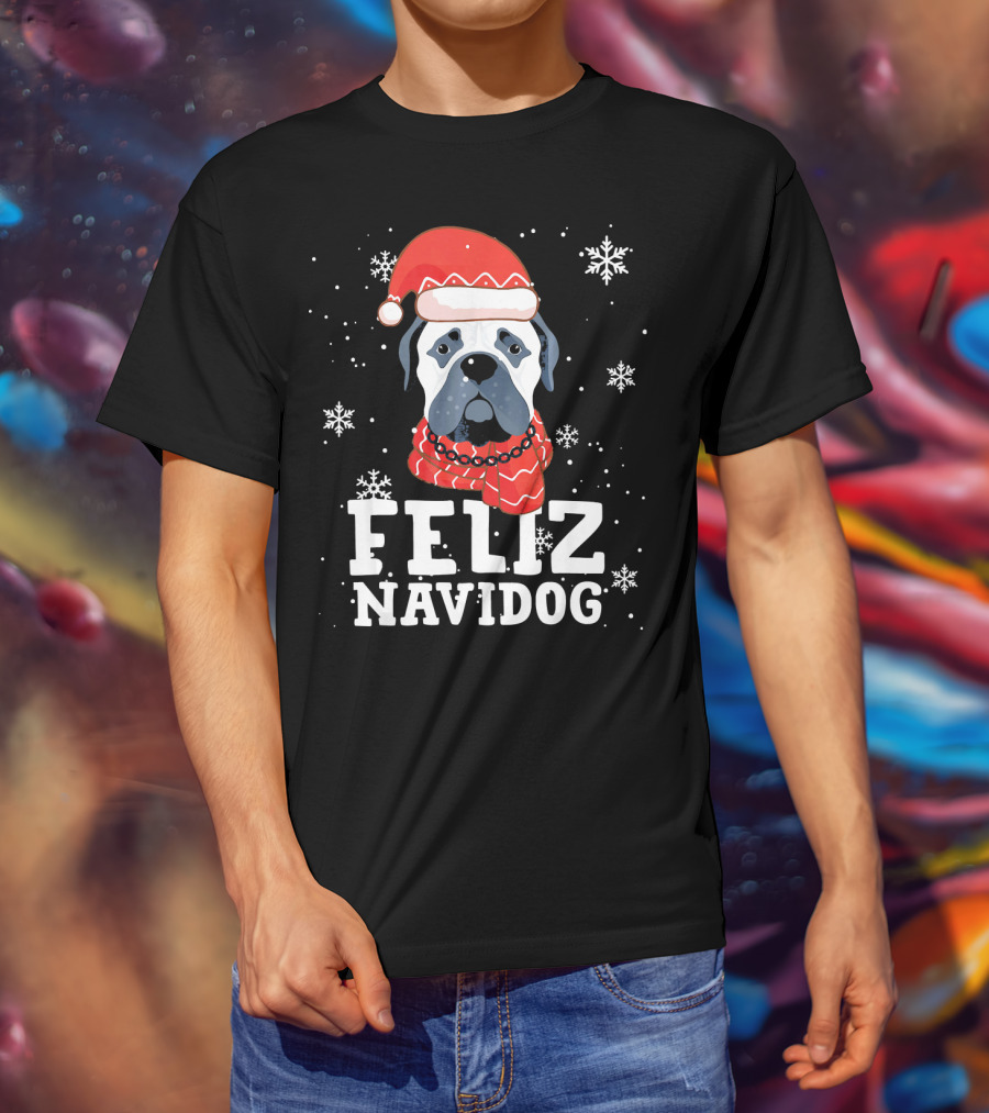 Feliz Navidog Bullmastiff Dog Christmas Santa Hat Snowflakes T-Shirt