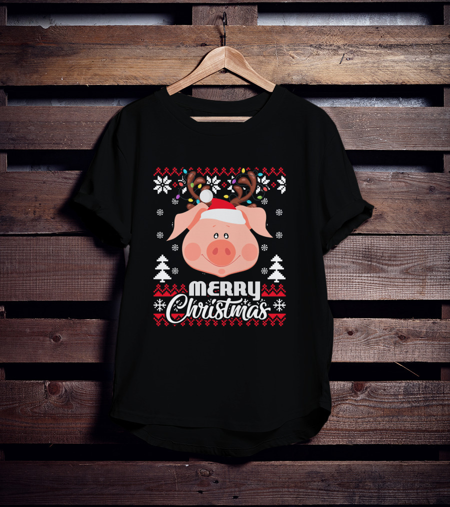 Merry Christmas Pig Santa Hat Antler Ugly T-Shirt