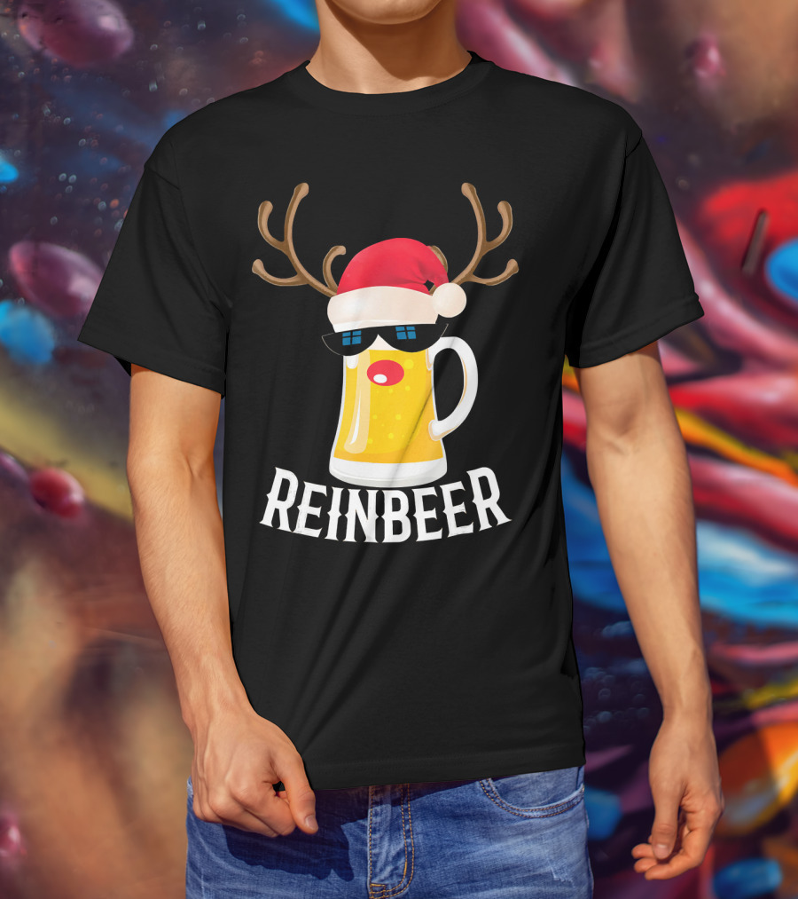 Reindeer Beer Christmas Funny Drinking Reinbeer Santa Hat T-Shirt