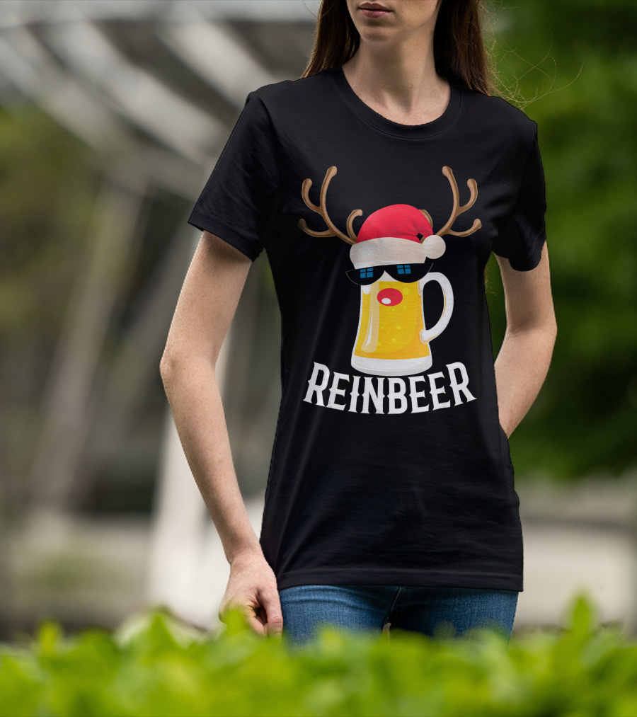 Reindeer Beer Christmas Funny Drinking Reinbeer Santa Hat T-Shirt