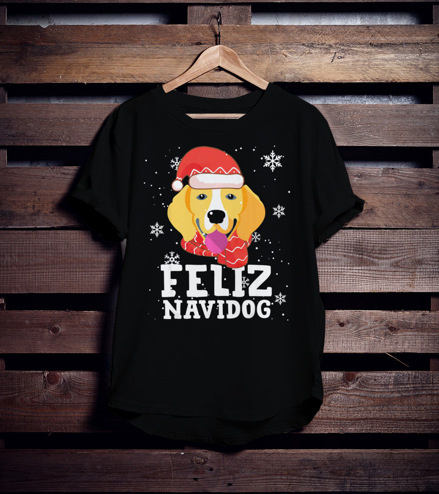 Feliz Navidog Beagle Dog Funny Christmas Snowflakes Santa Hat T-Shirt