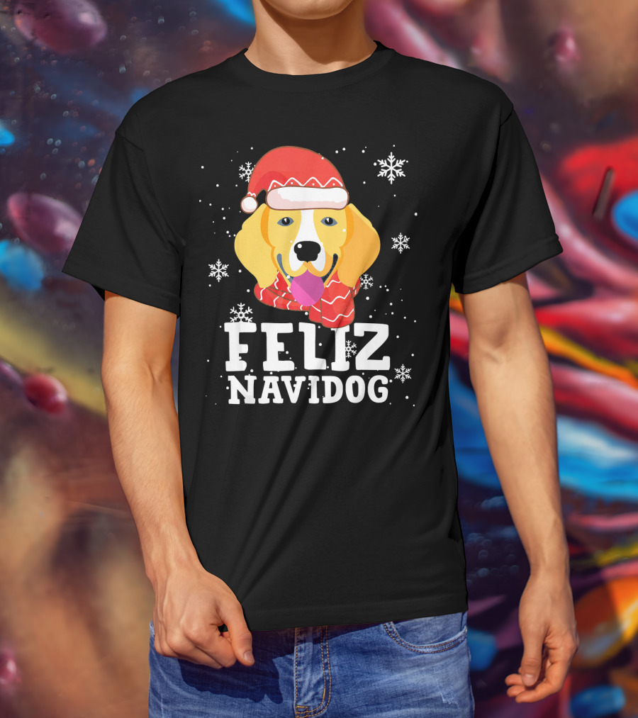 Feliz Navidog Beagle Dog Funny Christmas Snowflakes Santa Hat T-Shirt