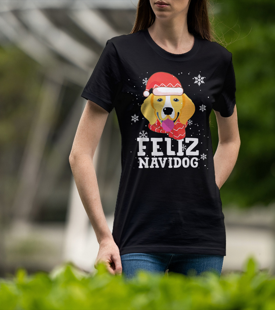 Feliz Navidog Beagle Dog Funny Christmas Snowflakes Santa Hat T-Shirt