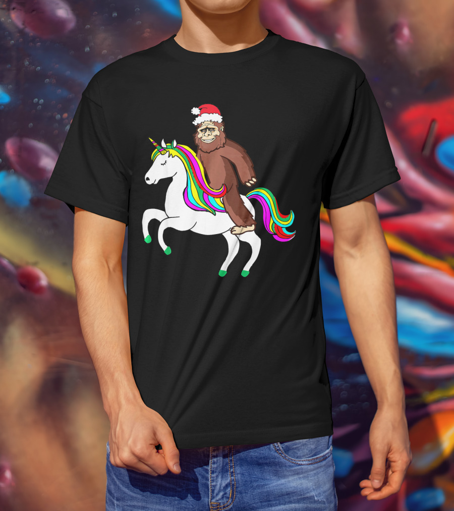 Bigfool Riding Unicorn With Santa Hat Rainbow Mane T-Shirt
