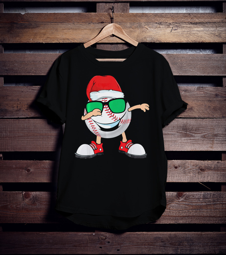 Dabbing Baseball With Santa Hat And Sunglasses T-Shirt