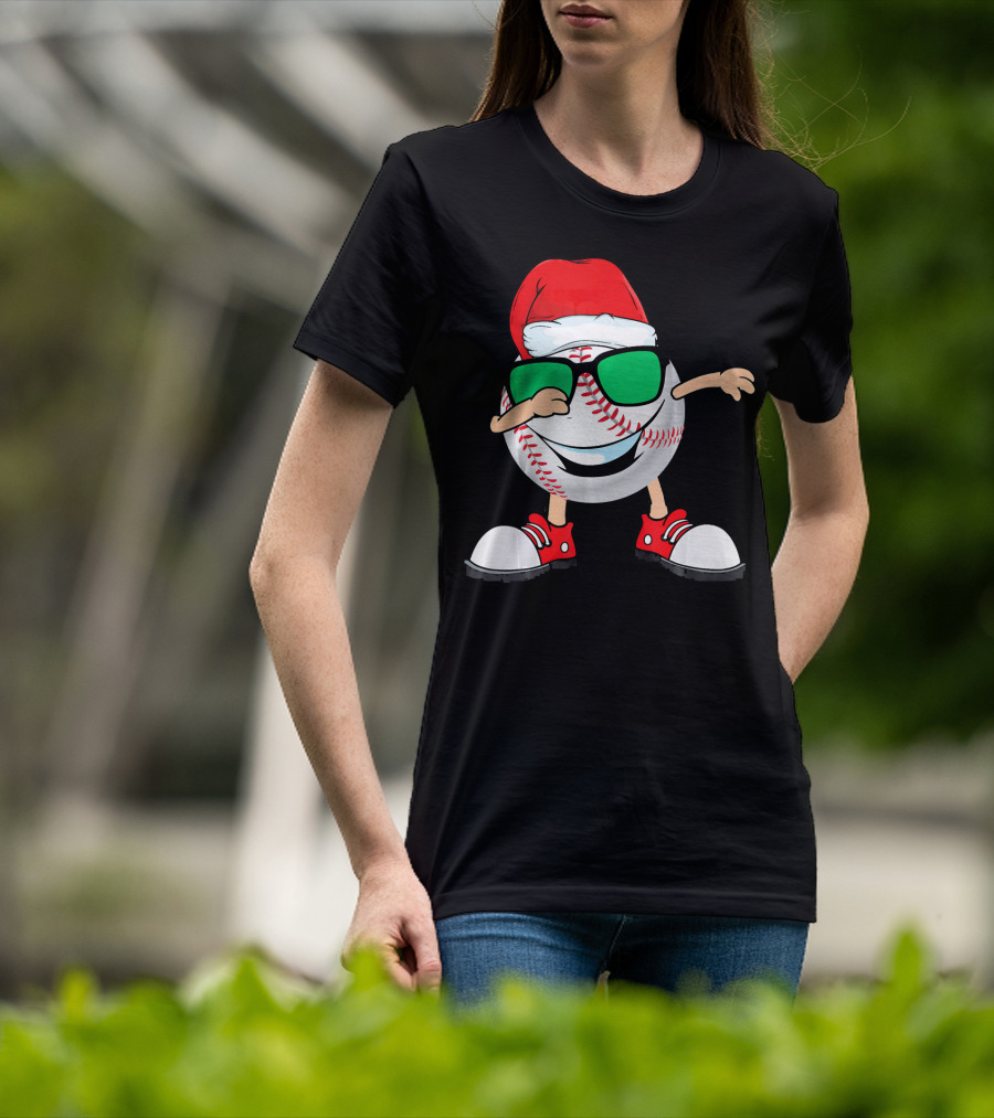 Dabbing Baseball With Santa Hat And Sunglasses T-Shirt