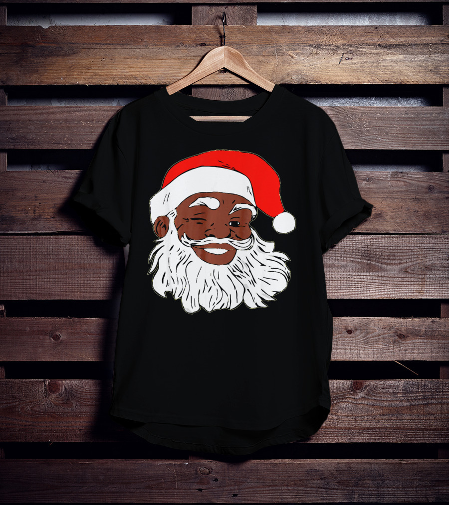 Black Santa Claus Winking In Red Hat T-Shirt