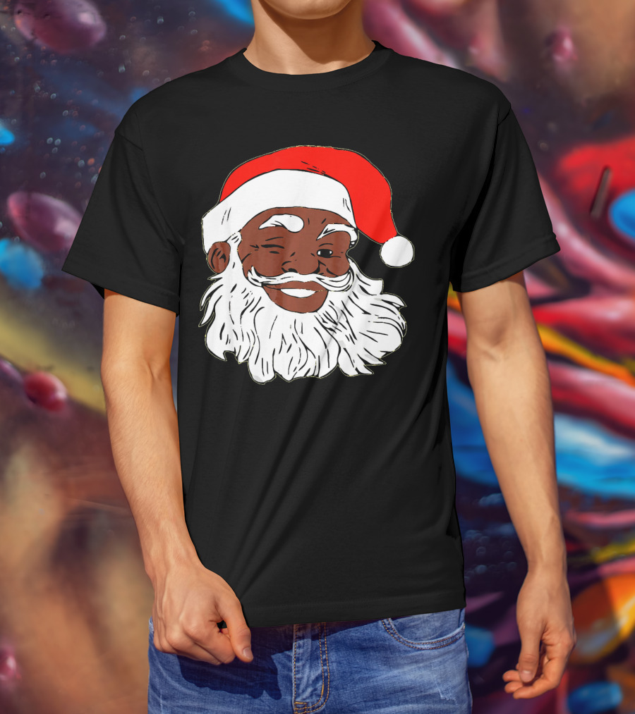 Black Santa Claus Winking In Red Hat T-Shirt