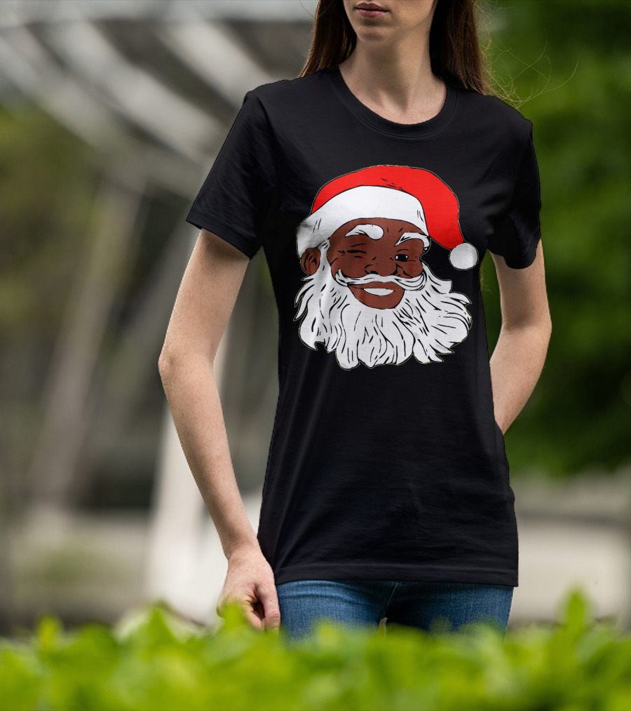 Black Santa Claus Winking In Red Hat T-Shirt