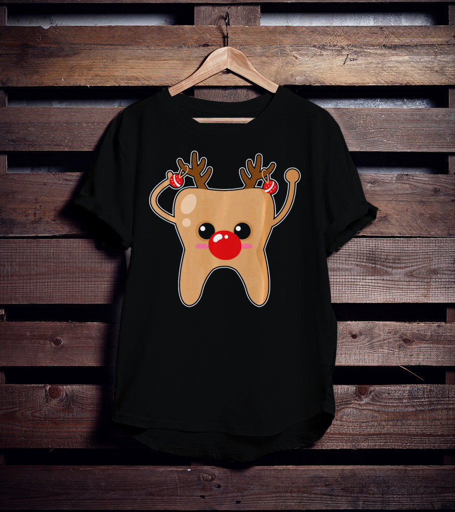 Tooth Emoji Reindeer With Antlers And Red Nose Costume T-Shirt