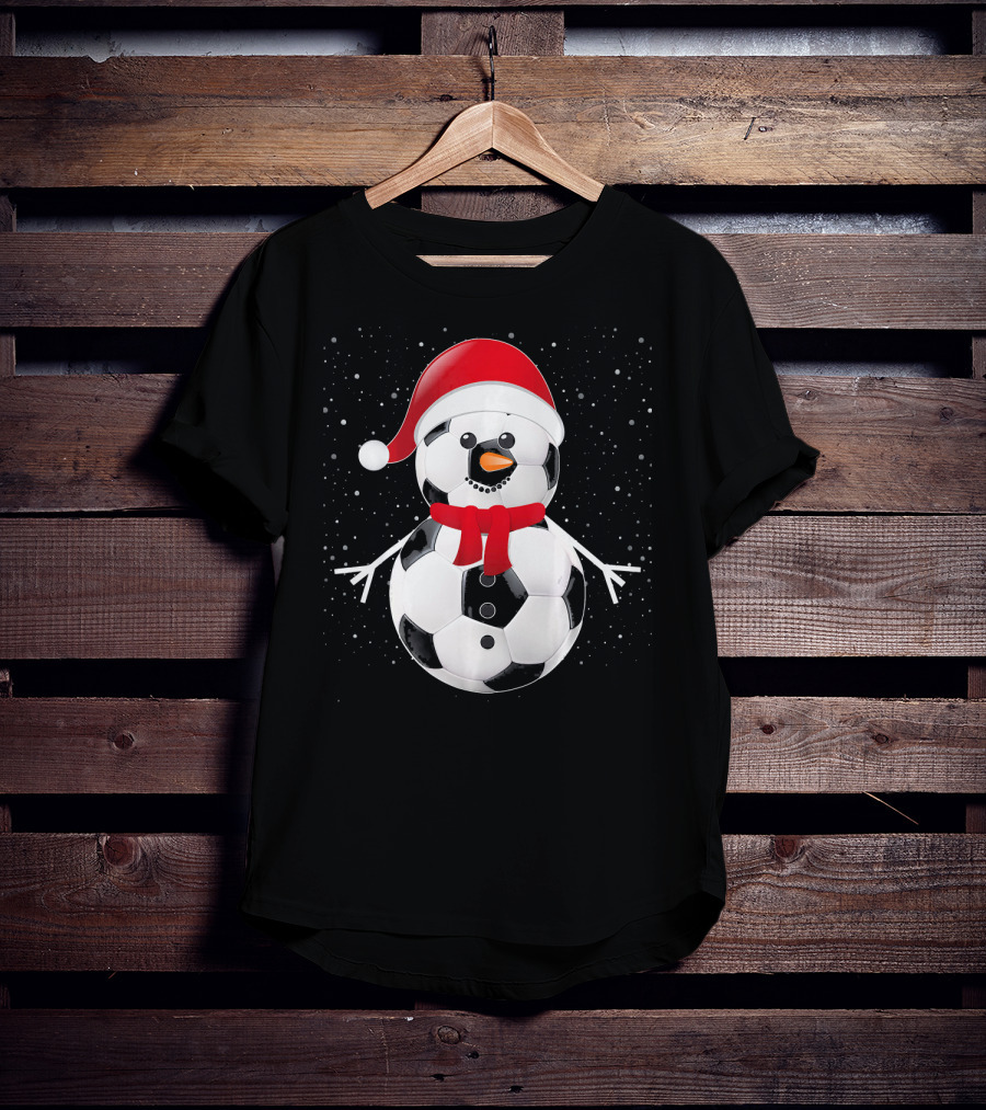 Soccer Football Snowman Santa Hat Scarf Holiday Winter Snowflakes T-Shirt