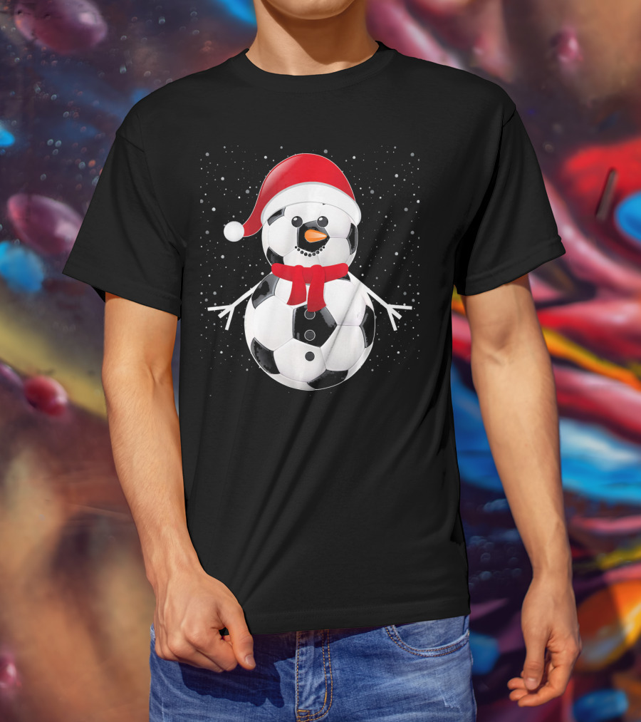 Soccer Football Snowman Santa Hat Scarf Holiday Winter Snowflakes T-Shirt
