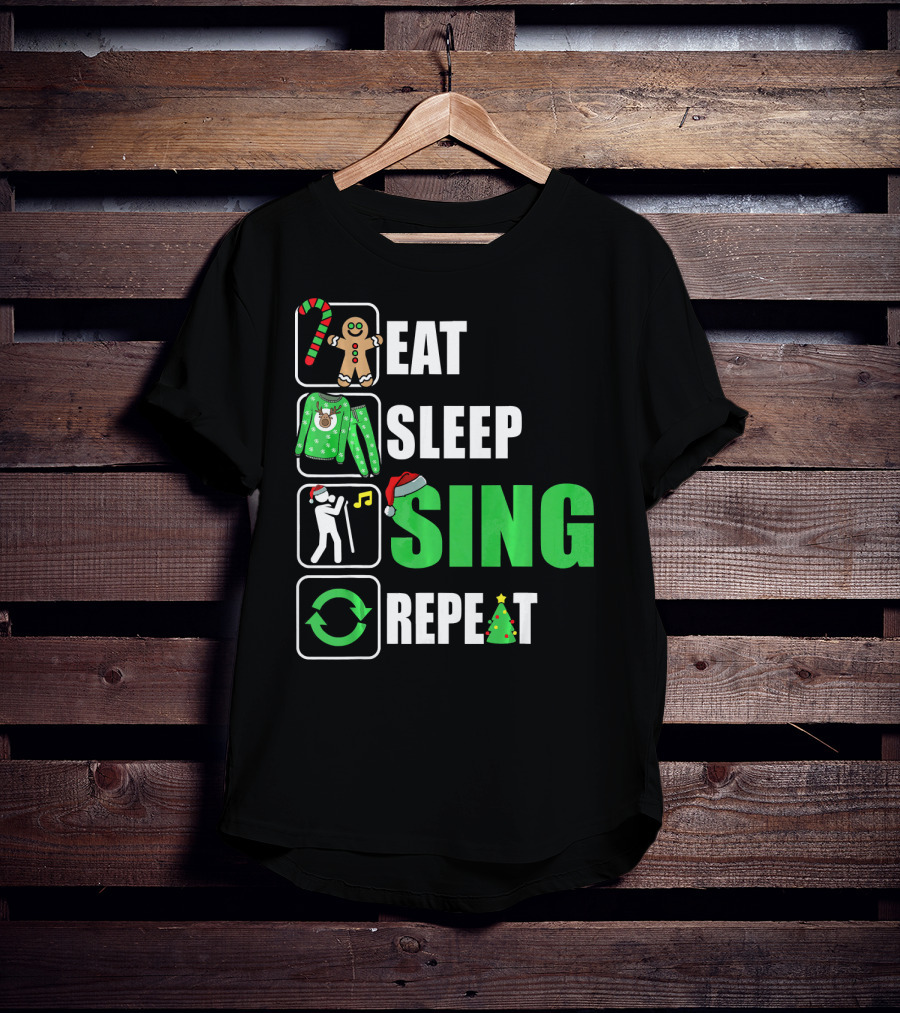 Eat Sleep Sing Repeat Christmas Sweater Singer Candy Cane Gingerbread Music Tree T-Shirt