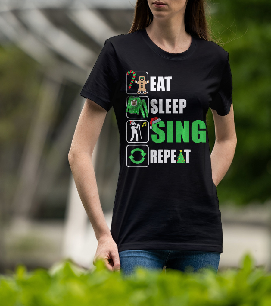 Eat Sleep Sing Repeat Christmas Sweater Singer Candy Cane Gingerbread Music Tree T-Shirt