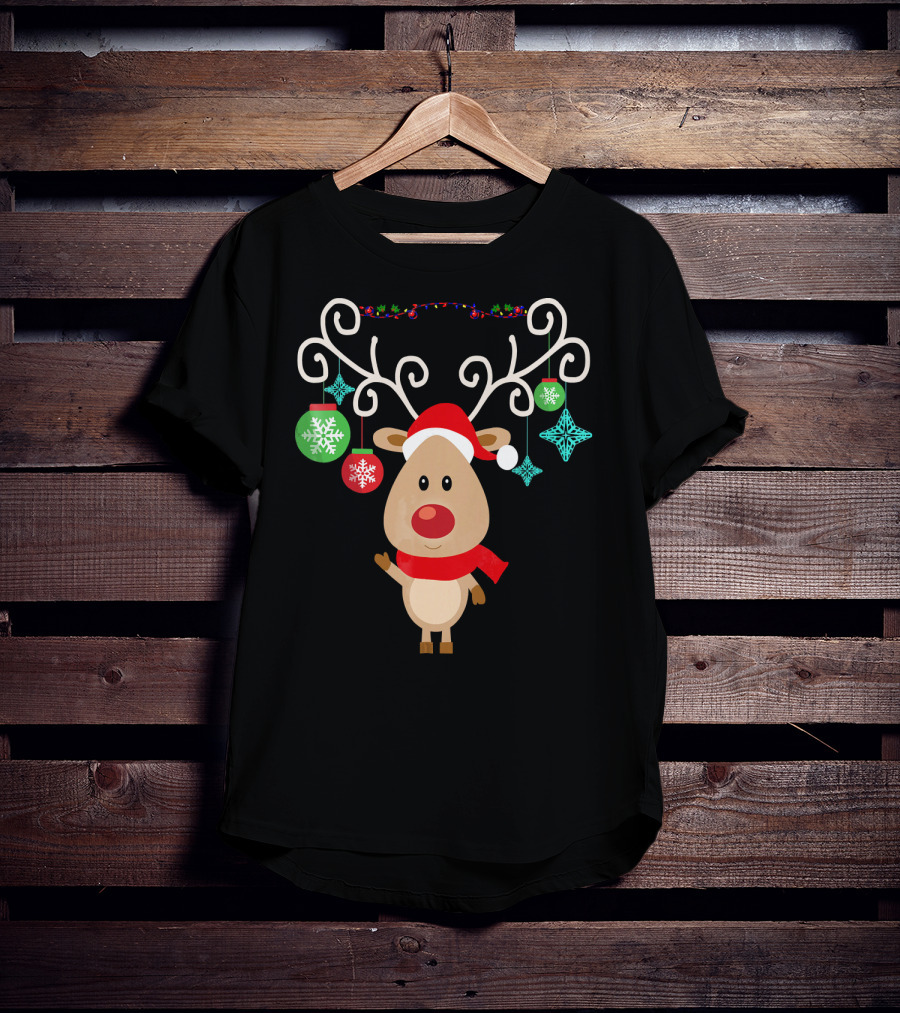 Santa Hat Rudolph Reindeer With Christmas Ornaments Red Nose T-Shirt