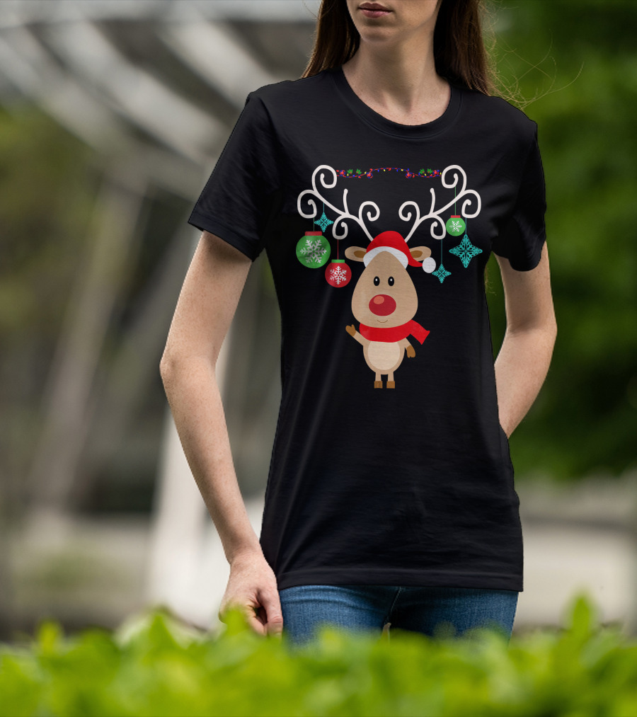 Santa Hat Rudolph Reindeer With Christmas Ornaments Red Nose T-Shirt