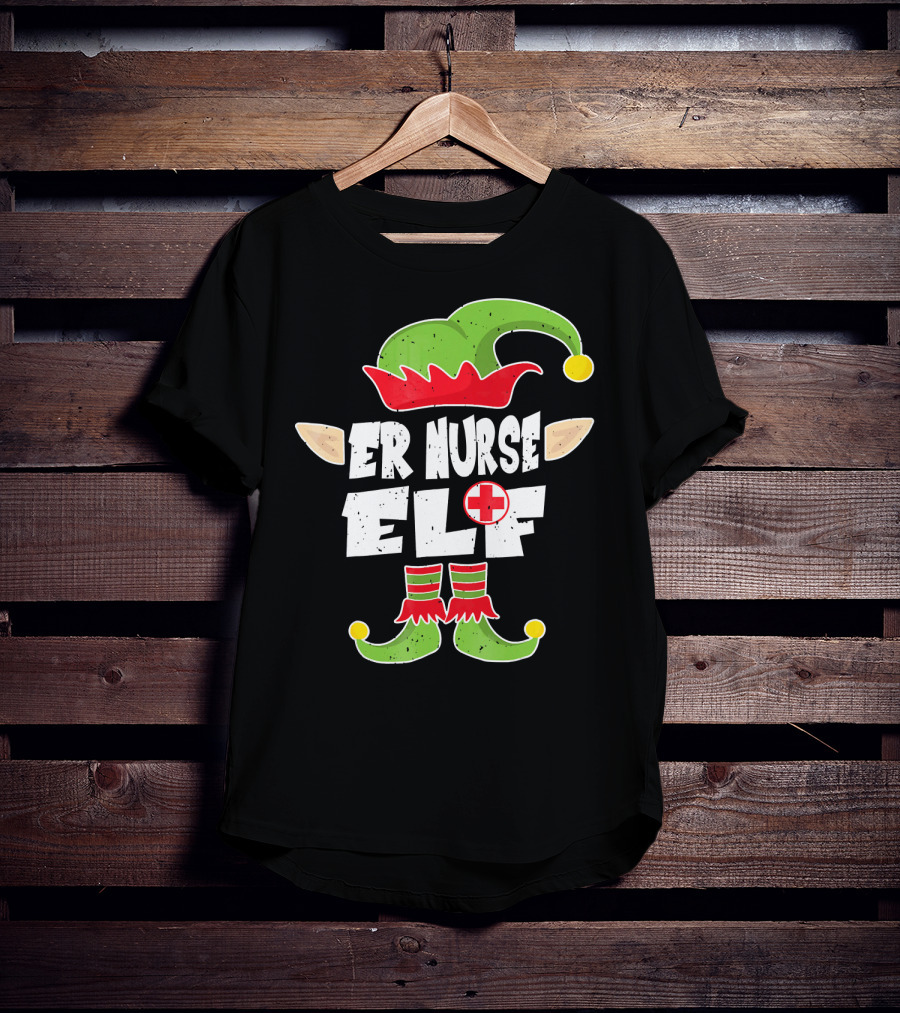 ER Nurse Elf Emergency Squad Christmas Hat And Shoes T-Shirt