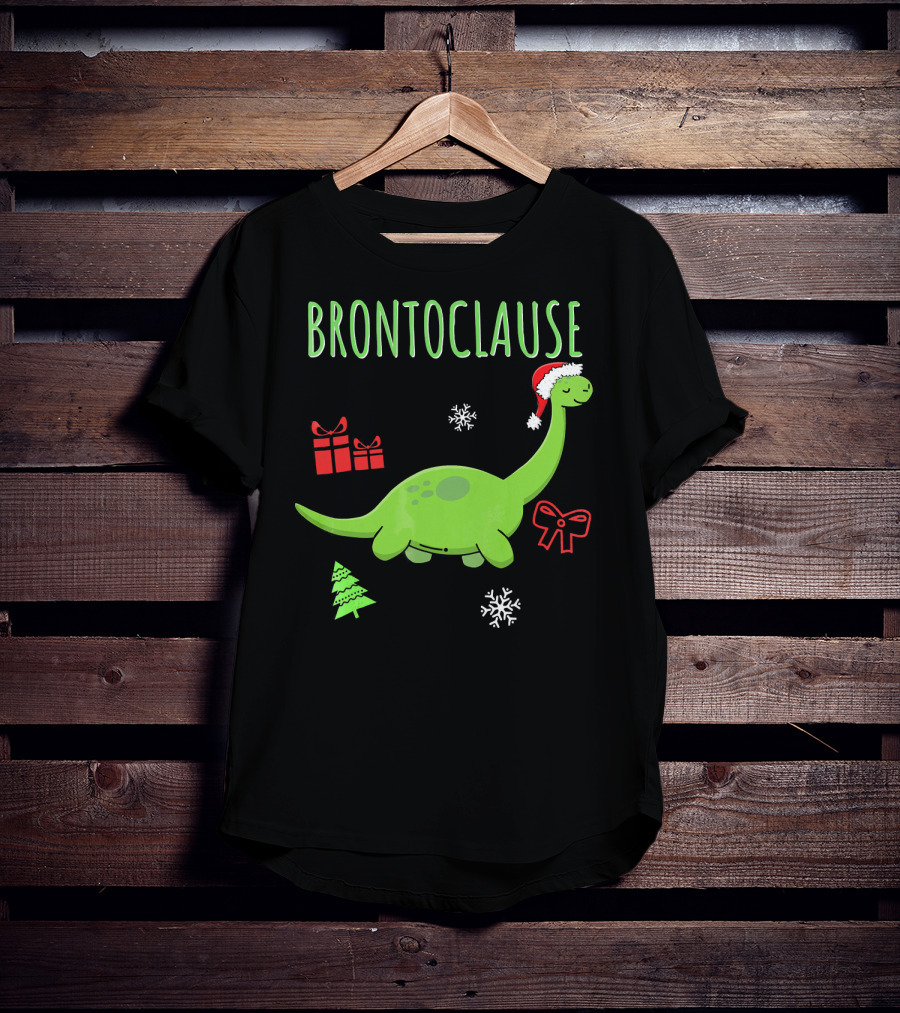 Brontoclause Christmas Dinosaur With Santa Hat And Holiday Gifts T-Shirt