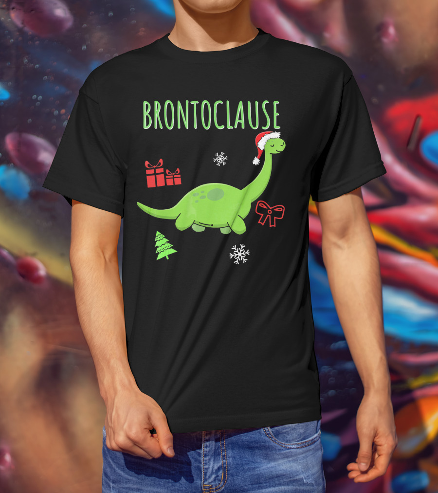 Brontoclause Christmas Dinosaur With Santa Hat And Holiday Gifts T-Shirt