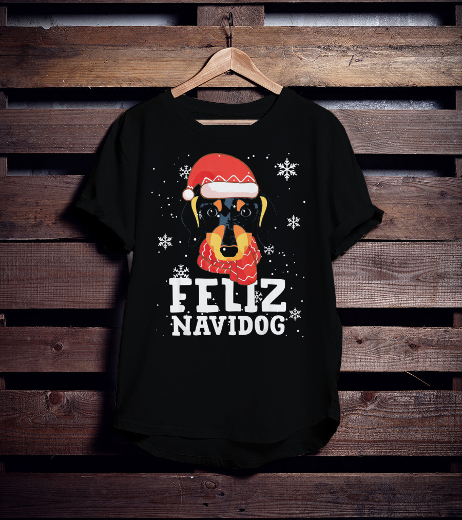 Feliz Navidog Dachshund Dog Christmas Snowflakes Santa Hat Scarf T-Shirt