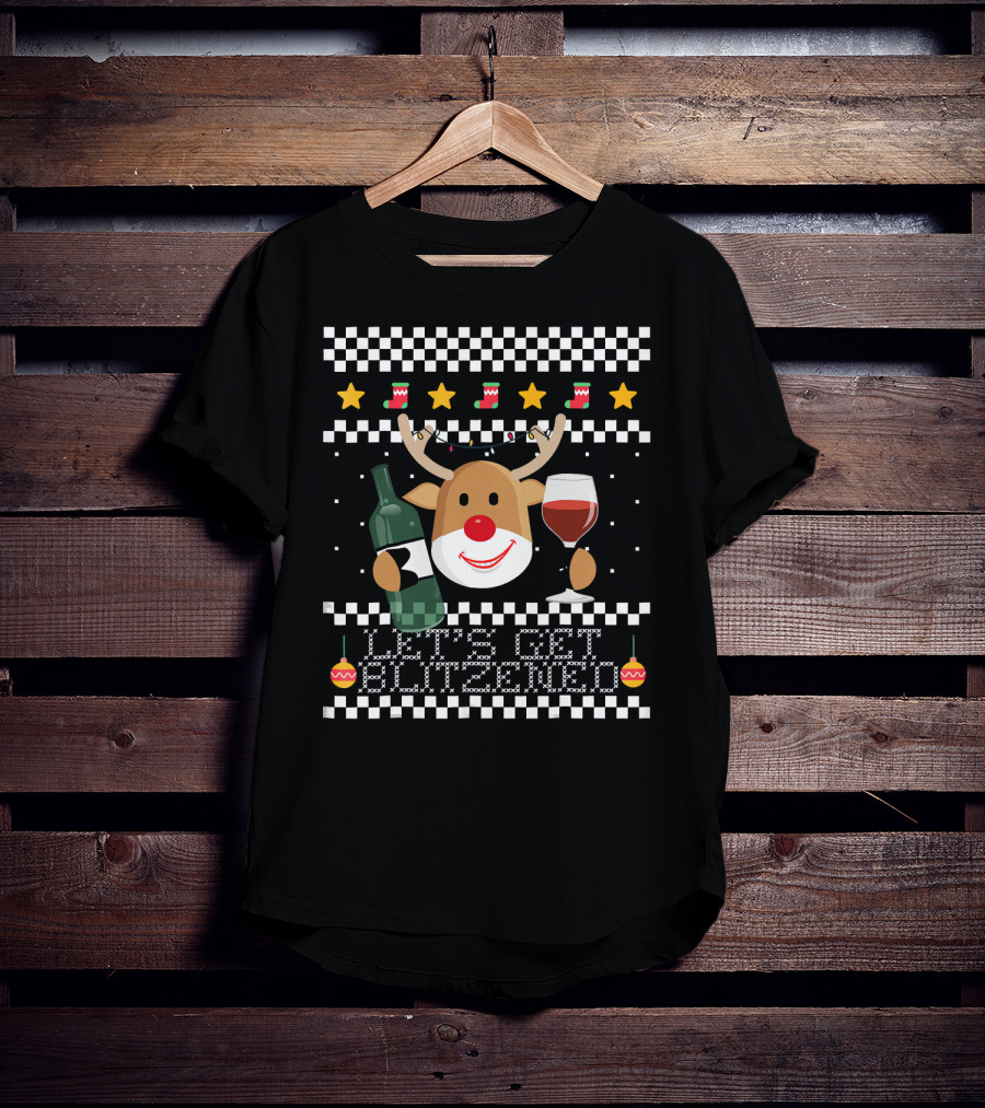 Lets Get Blitzened Reindeer With Wine And Bottle For Christmas T-Shirt