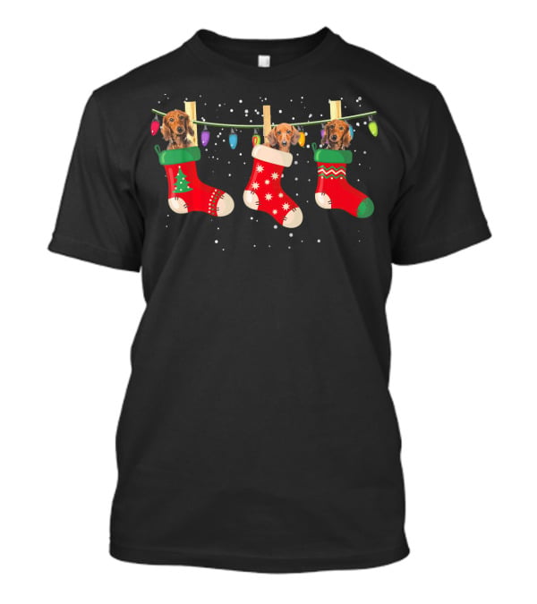 Dachshund Puppies In Christmas Stockings With Festive Lights Snowflakes T-Shirt