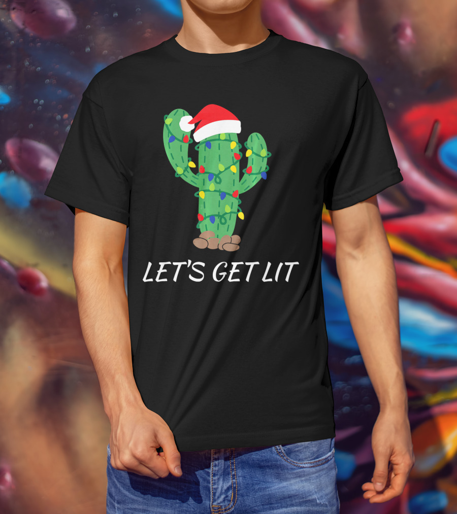 Let's Get Lit Christmas Cactus With Santa Hat And Holiday Lights T-Shirt