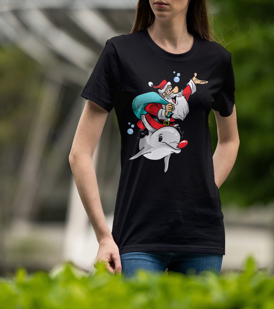 Christmas In July Santa Riding A Rudolph-Nosed Dolphin T-Shirt