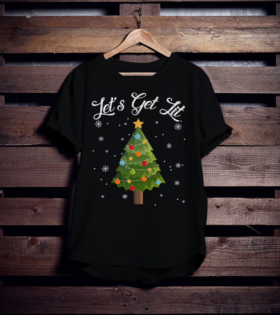 Let's Get Lit Christmas Tree Funny Drink Snowflakes T-Shirt