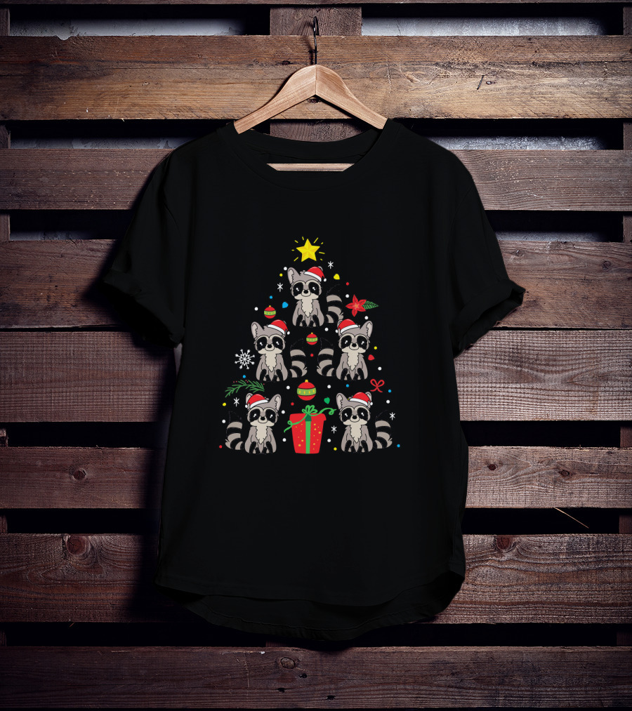 Raccoon Christmas Tree Ornament Santa Hats Holiday Gift T-Shirt