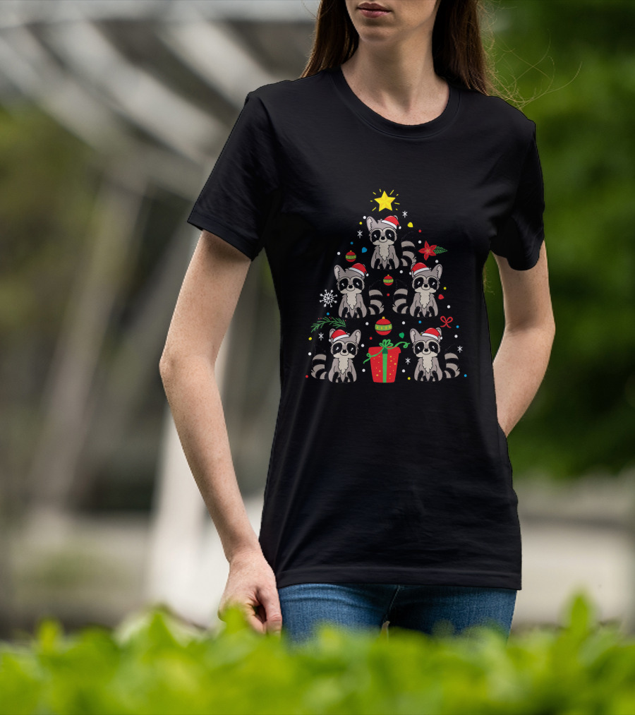Raccoon Christmas Tree Ornament Santa Hats Holiday Gift T-Shirt