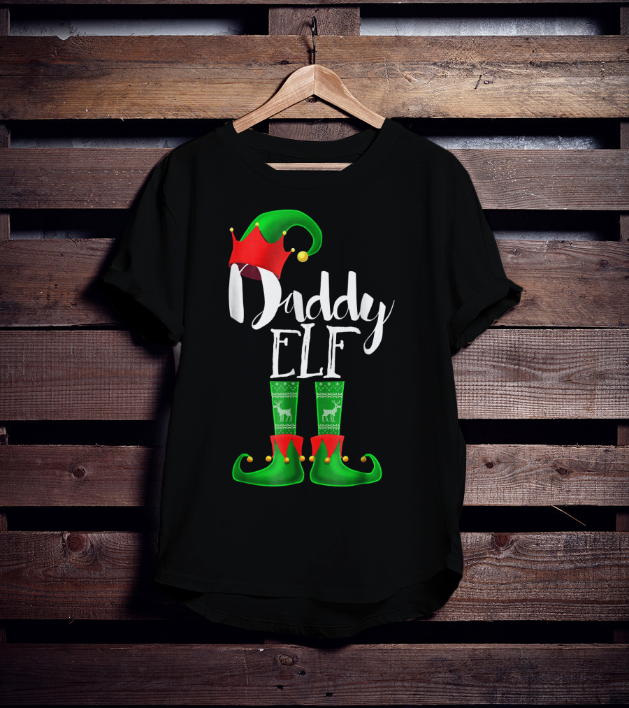 Daddy Elf Christmas Hat And Boots With Festive Green Socks T-Shirt