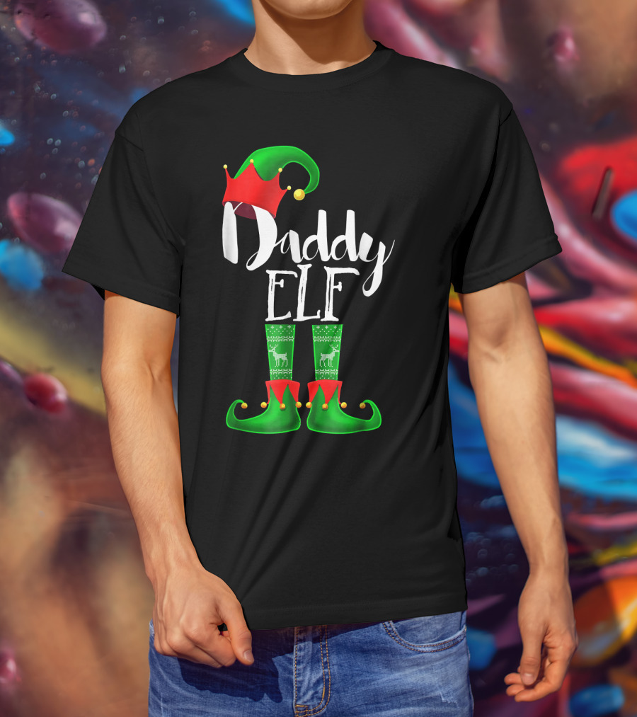 Daddy Elf Christmas Hat And Boots With Festive Green Socks T-Shirt