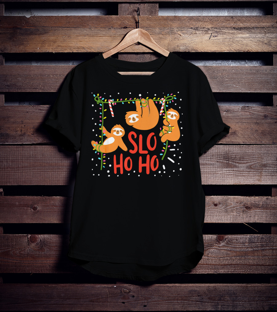 Slo Ho Ho Ho Christmas Sloth Hanging With Candy Cane And Lights T-Shirt