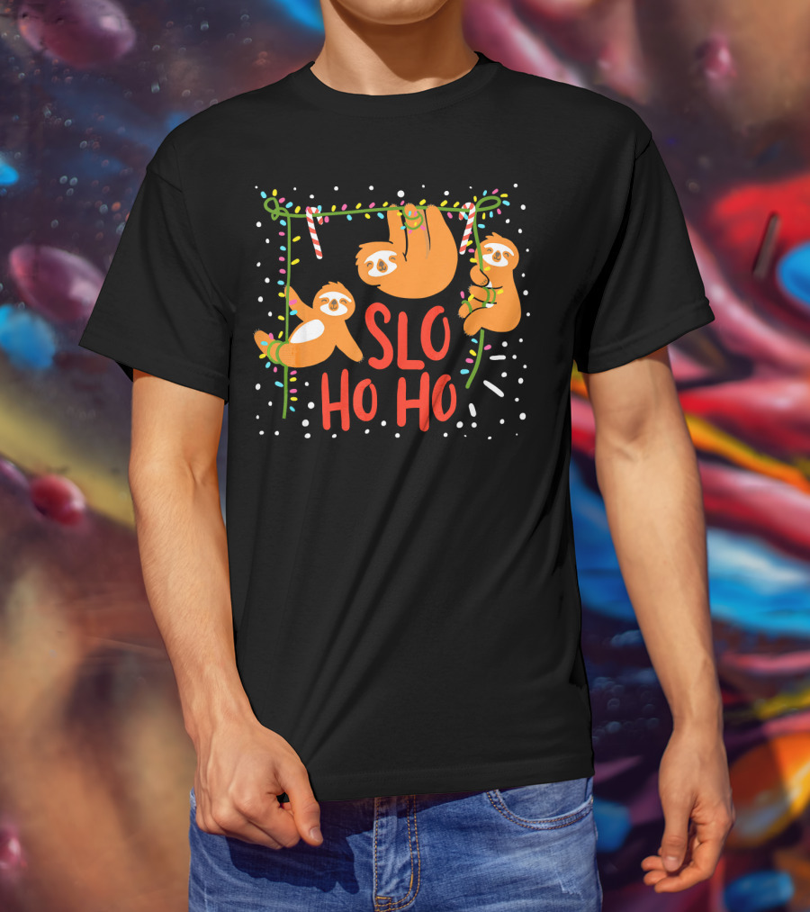 Slo Ho Ho Ho Christmas Sloth Hanging With Candy Cane And Lights T-Shirt