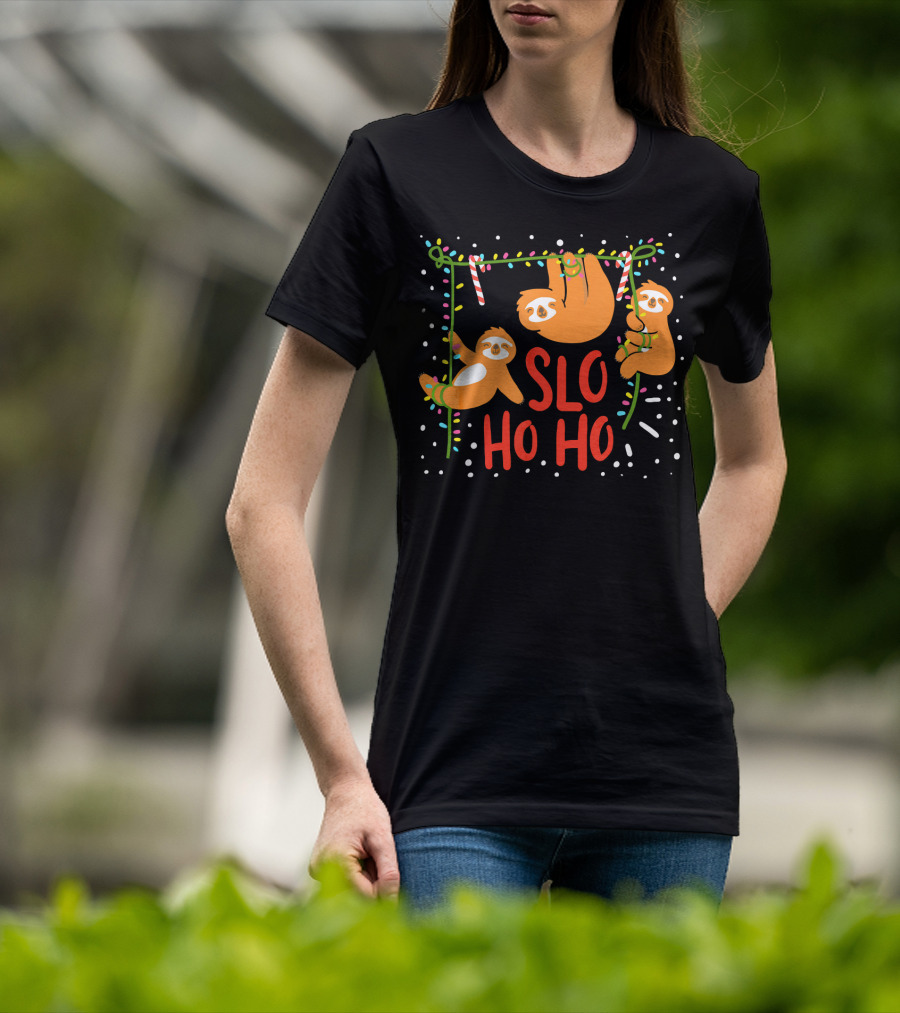 Slo Ho Ho Ho Christmas Sloth Hanging With Candy Cane And Lights T-Shirt